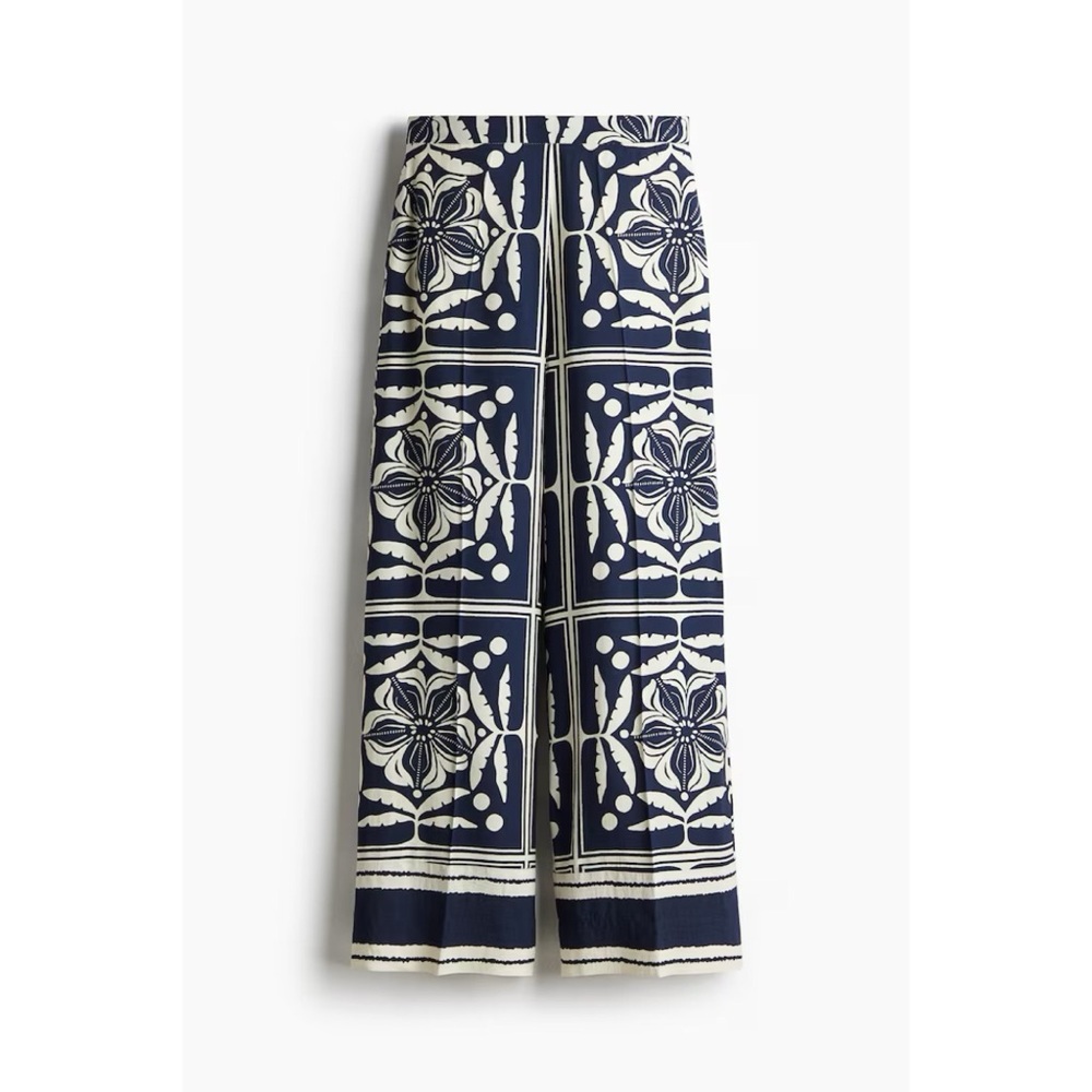 Navy and White Patterned Wide-Leg Pants
